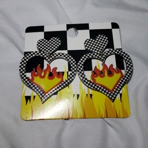 NWT- Black & White Checker Heart Flame Earrings